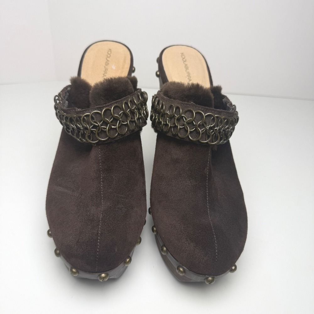 Koolaburra Chocolate Brown Suede Platform Clogs Size 10 Studded Wood 4.5" Heel